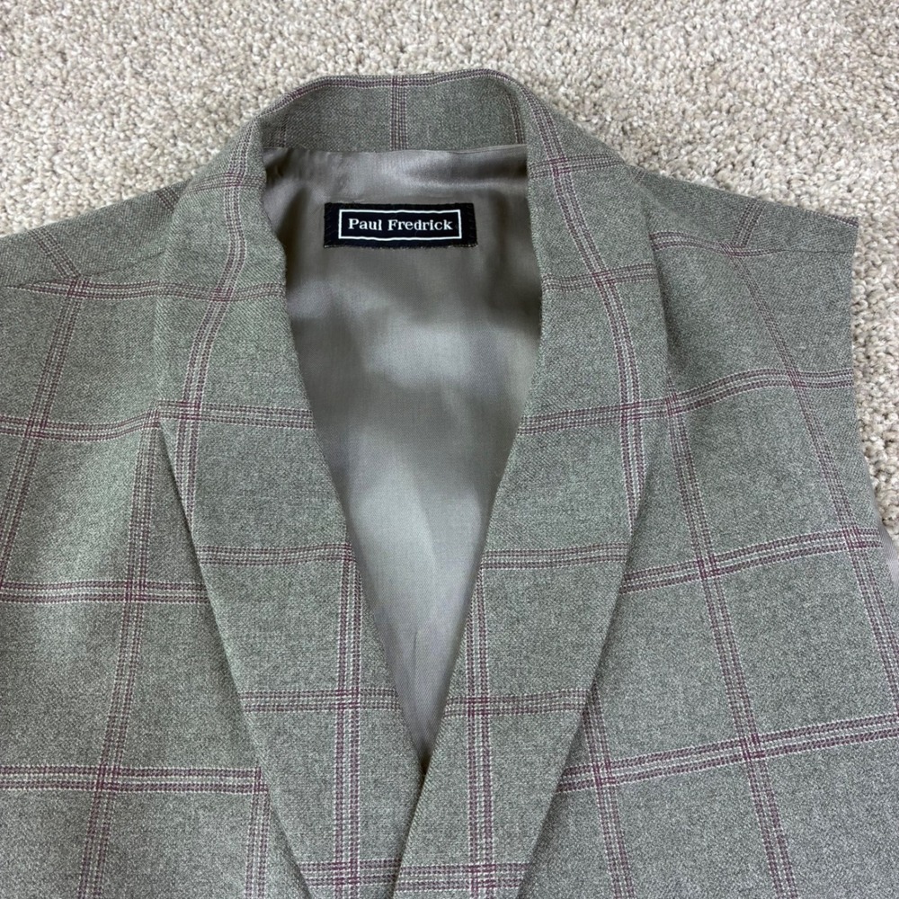Paul Fredrick Vest Mens 42 Gray Windowpane Wool Double Breasted Shawl Lapel - Picture 2 of 10